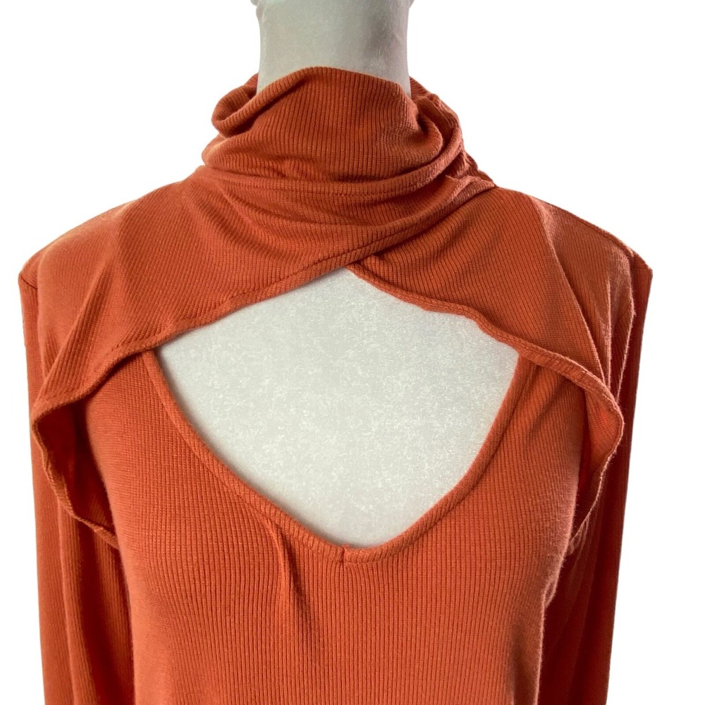 VENUS Women Cut Out Open Front Mock Neck Long Sleeve Top Sz L Orange 1-20 - Picture 3 of 12